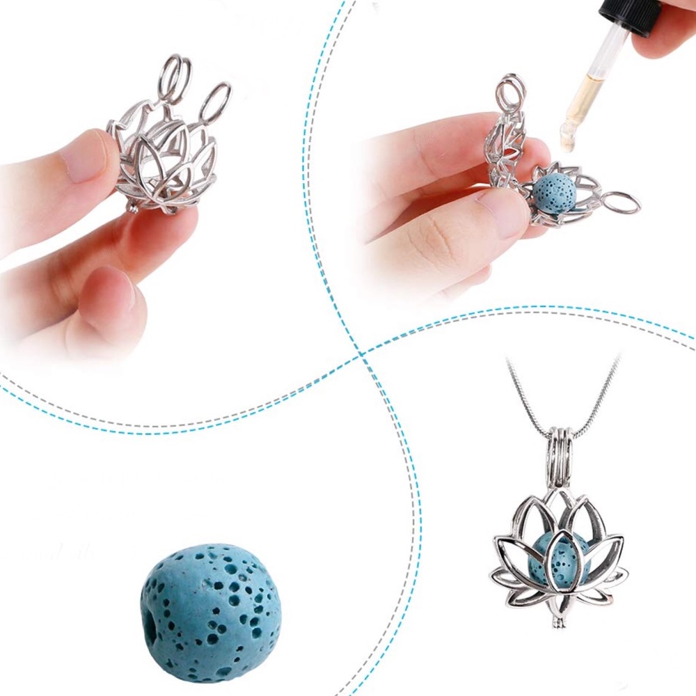 Lotus Pendant Lava Stone Aromatherapy Necklace NWT - Picture 3 of 5